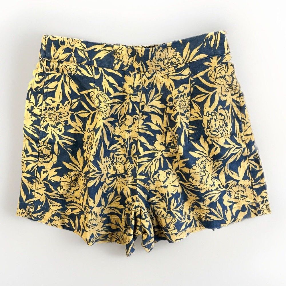 Madewell Shorts Women's Size S Floral 100% Linen Navy Gold Pull On High Rise *